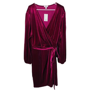 Nine West Velvet Faux Wrap Dress 4X Tie Waist Holiday Christmas Deep-V Red Women